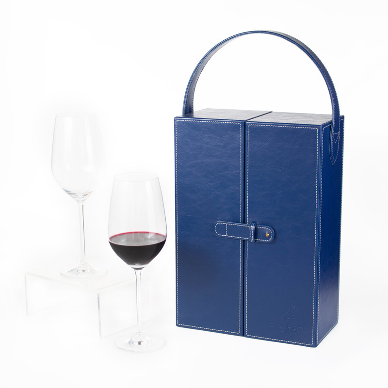 Blue leather wine bag with Schott zwiezel glasses