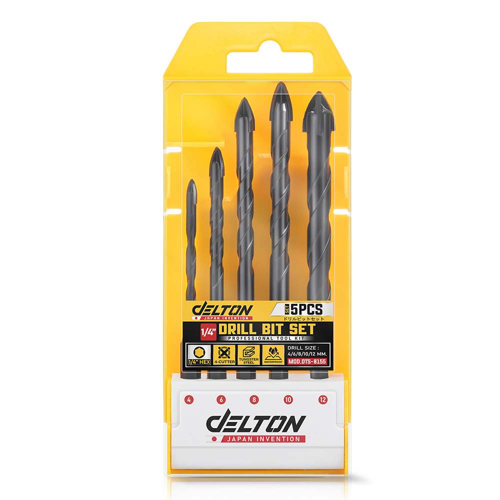 DELTON ชุดดอกสว่านอเนกประสงค์ 5 ชิ้น หัวคาร์ไบด์ 4 แฉก แกน 6 เหลี่ยม ขนาด 4 / 6 / 8 / 10 / 12 mm. รุ่น DTS-8155
