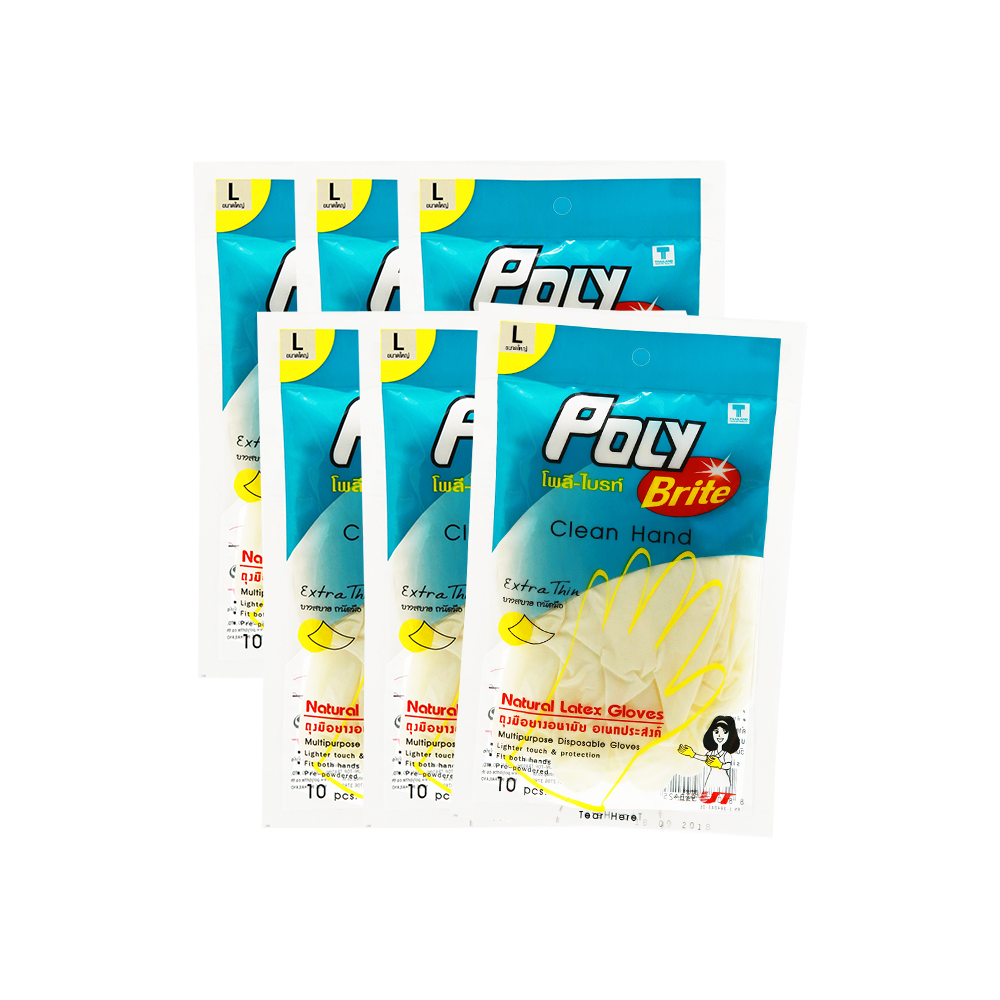 POLY BRITE ถุงมือยางอนามัย รุ่น Extra Thin ไซส์ L บรรจุ 10 ชิ้น/ซอง x 6 ซอง