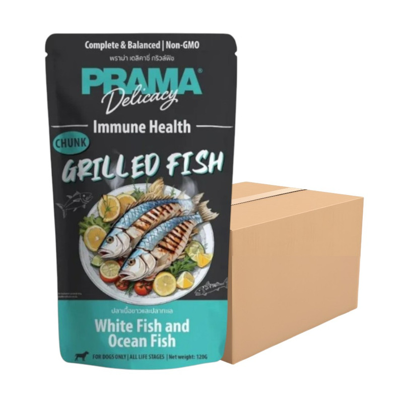 [12 ซอง] Prama อาหารเปียกสุนัข สูตร Complete & Balanced โปรตีนสูง เนื้อสัตว์เน้นๆ ช่วยบํารุงสุขภาพ มี 6 สูตร ขนาด 120g. PD3-ปลาเนื้อขาว