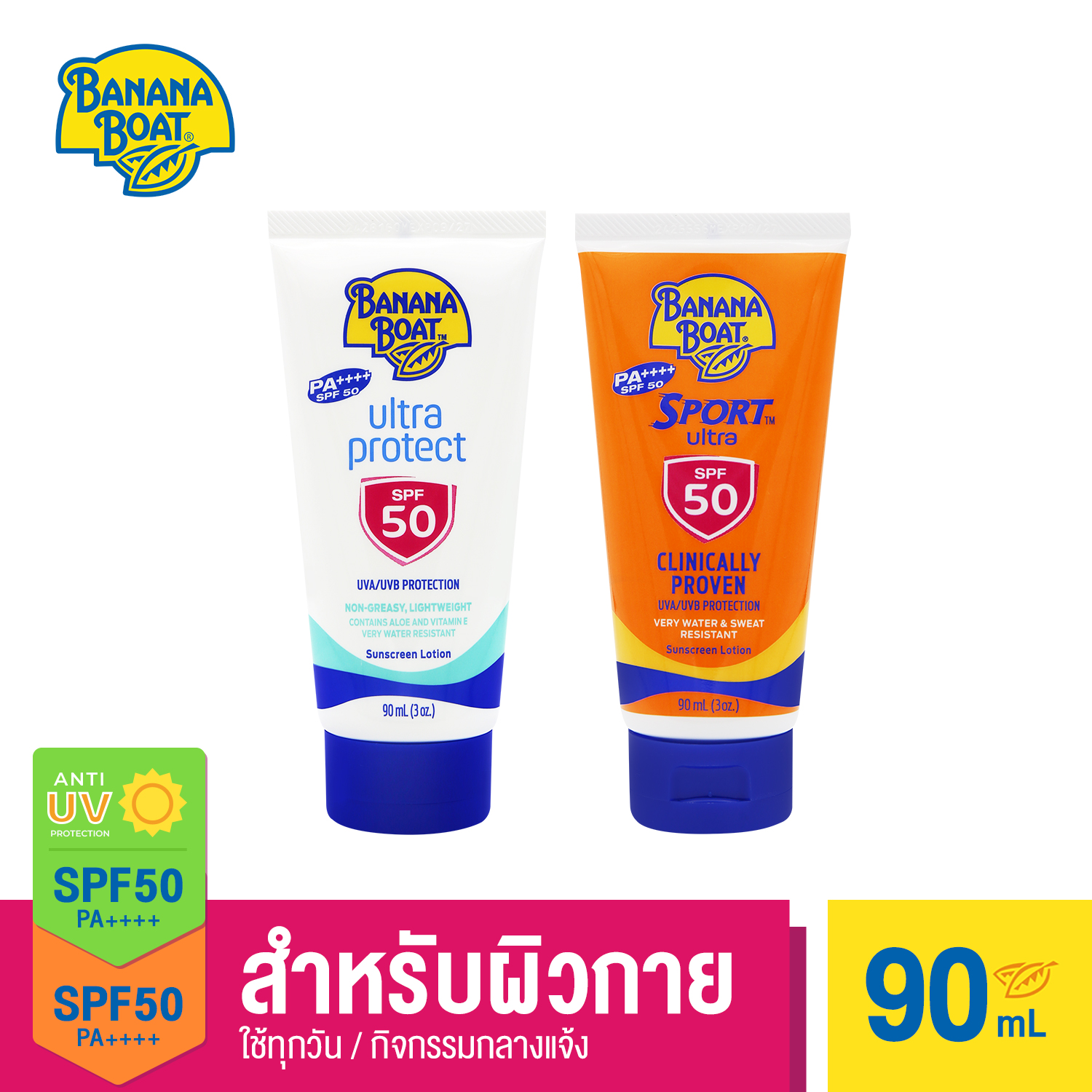 บานาน่าโบ๊ท อัลตร้าโพรเท็ค ซันสกรีน โลชั่น เอสพีเอฟ 50 พีเอ ++++ 90 มล. และ บานาน่าโบ๊ท สปอร์ต อัลตร้า ซันสกรีน โลชั่น เอสพีเอฟ 50 พีเอ ++++ 90 มล. [แพ็คคู่]