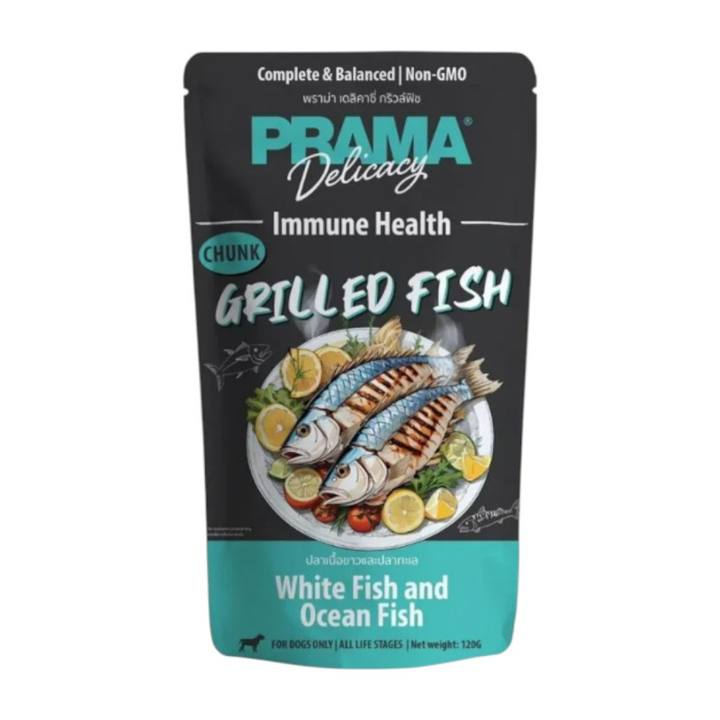 Prama อาหารเปียกสุนัข สูตร Complete & Balanced โปรตีนสูง เนื้อสัตว์เน้นๆ ช่วยบํารุงสุขภาพ มี 6 สูตร ขนาด 120g. PD3-ปลาเนื้อขาว
