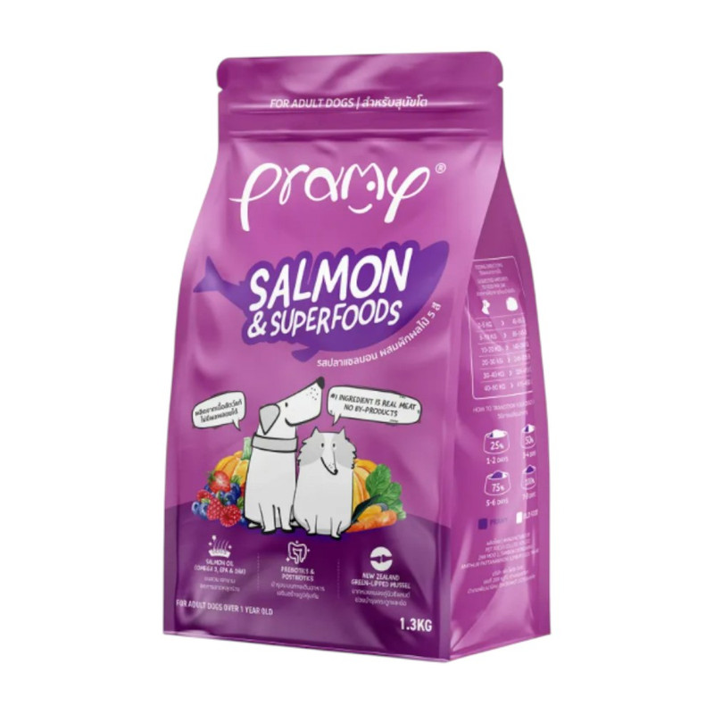 Pramy อาหารเม็ดสุนัขพรามี่ สูตรเน้นเนื้อแท้ โปรตีนสูง เสริมสร้างสุขภาพแบบรอบด้าน ขนาด 1kg - 1.3kg SD06-ม่วง 1.3 kg