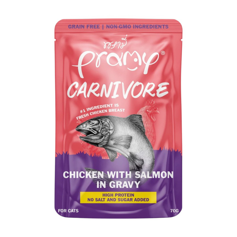 Pramy Carnivore พรามี่ คาร์นิวอร์ อาหารแมว โปรตีนสูงเนื้อสัตว์เน้นๆ มีให้เลือก 10 สูตรทั้ง Gravy และ Jelly ขนาด 70g CV4-ไก่&แซลมอนเกรวี่