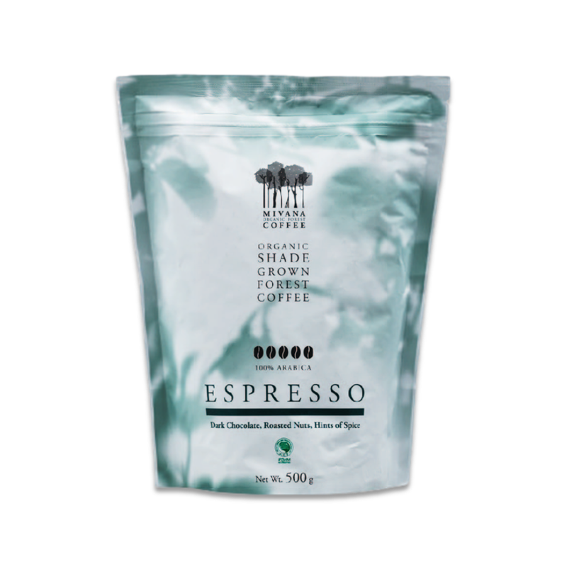 MIVANA ORGANIC ROASTED ESPRESSO BEANS 500G.
