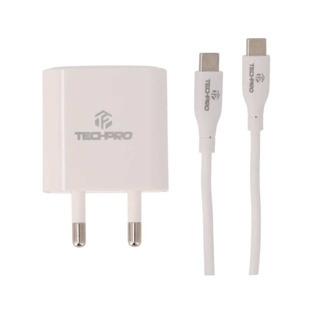 TECHPRO Wall USB Charger 1 USB-C PD20W + USB-C to USB-C Cable 1M.