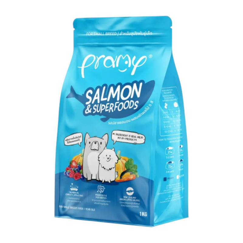 Pramy อาหารเม็ดสุนัขพรามี่ สูตรเน้นเนื้อแท้ โปรตีนสูง เสริมสร้างสุขภาพแบบรอบด้าน ขนาด 1kg - 1.3kg SD05-ฟ้า 1 kg