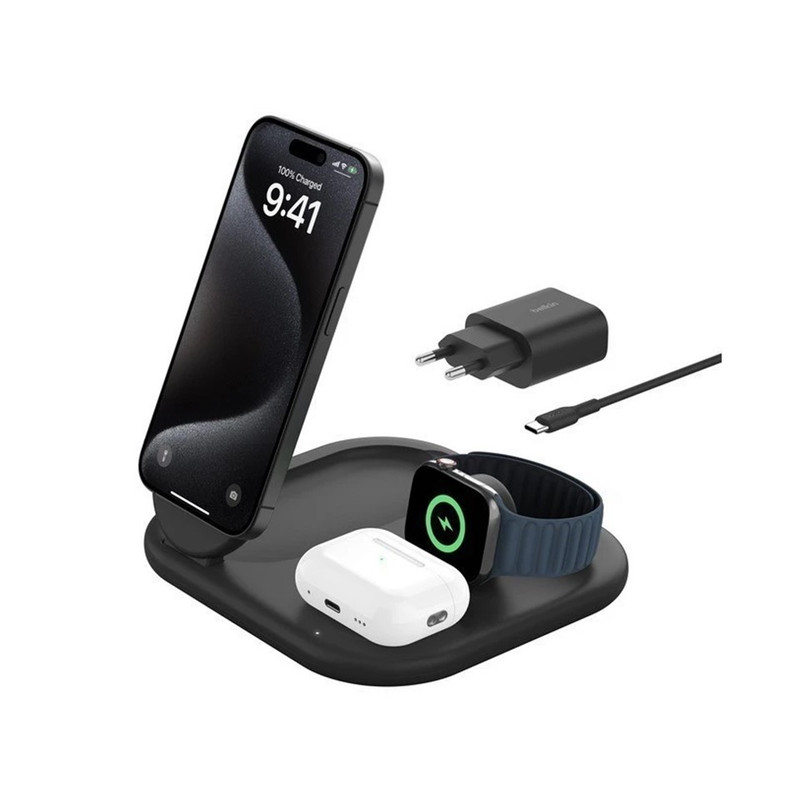 Belkin NEW แท่นชาร์จไร้สาย 3in1 แบบพับได้รุ่นใหม่ ชาร์จเร็วเทคโนโลยี Qi2 Magnetic Foldable Wireless Charger รุ่น WIZ029