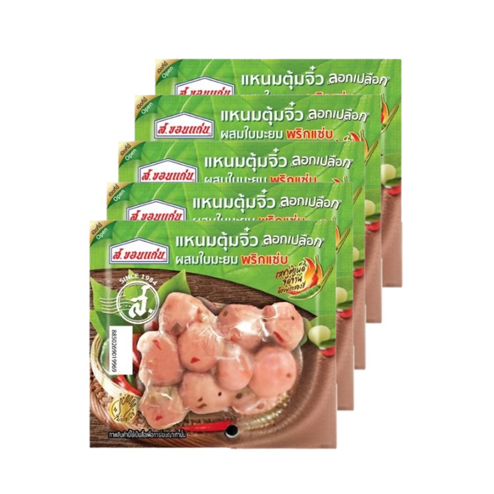แหนมตุ้มจิ๋วใบมะยมพริกแซ่บ ส.ขอนแก่น 60 กรัม (5 ซอง/แพ็ค)