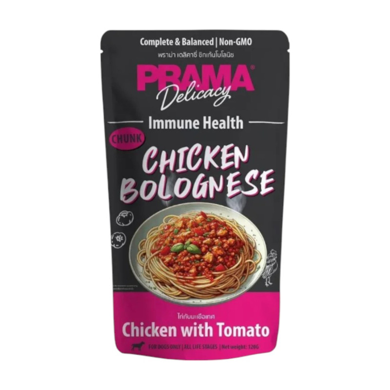 Prama อาหารเปียกสุนัข สูตร Complete & Balanced โปรตีนสูง เนื้อสัตว์เน้นๆ ช่วยบํารุงสุขภาพ มี 6 สูตร ขนาด 120g. PD5-ไก่&มะเขือเทศ