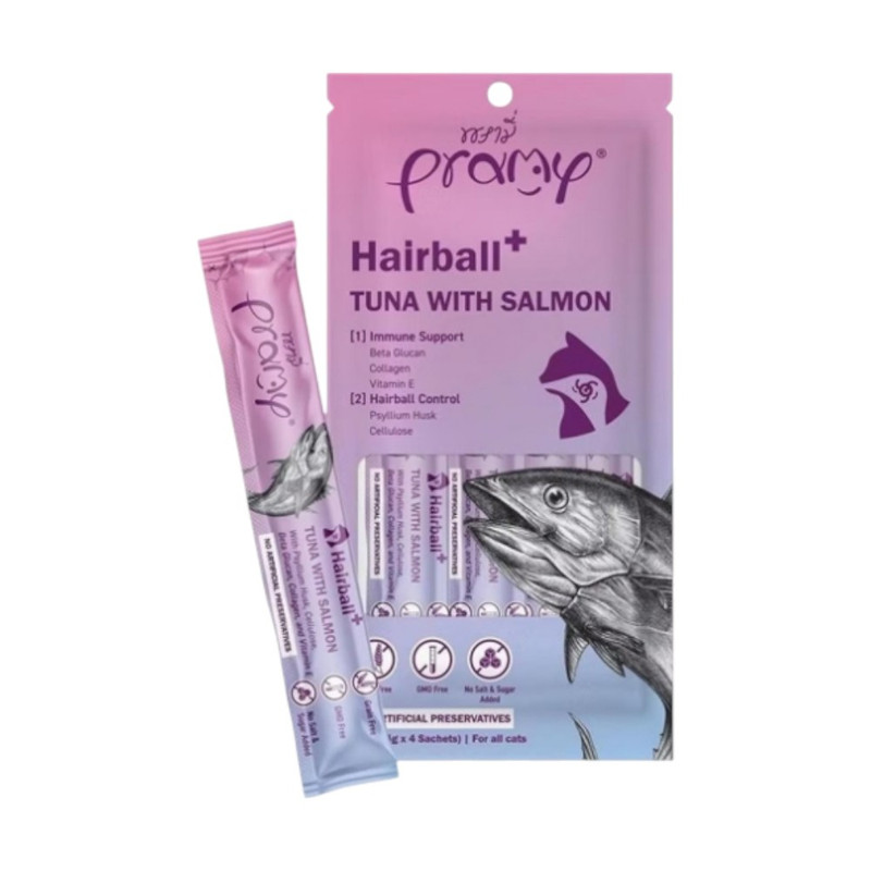 Pramy พรามี่ สมูทตี้ แมวเลีย ผลิตจากเนื้อปลาทูน่าและเนื้อไก่แท้ ขนาด 14g บรรจุแพค 4 แท่ง SM3-ทูน่า&แซลมอน