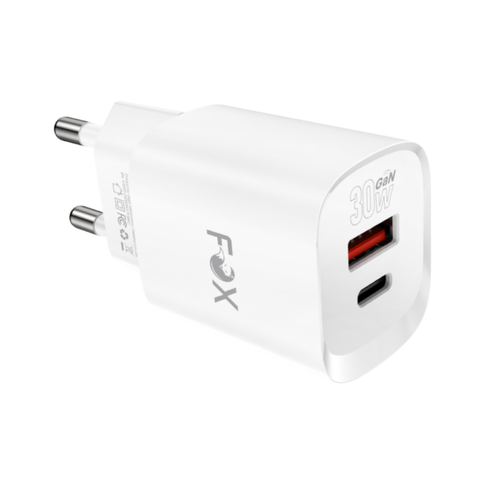 FOX Wall USB Charger 1 USB-A QC3.0A/1 USB-C PD30W Model FOX-V3002