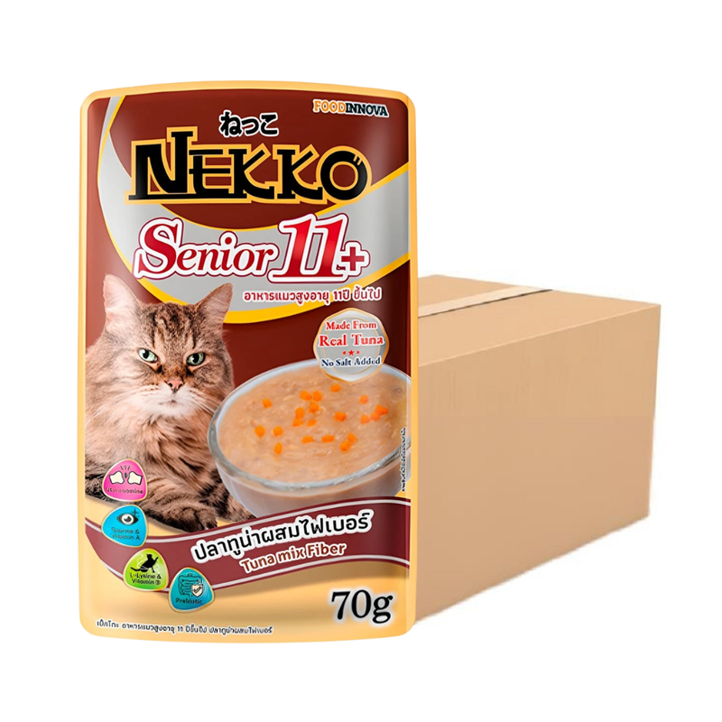 Nekko Senior 11+ อาหารแมวสูงอายุ 11 ปีขึ้นไป ปลาทูน่าผสมไฟเบอร์ 70 g. x 12 ซอง