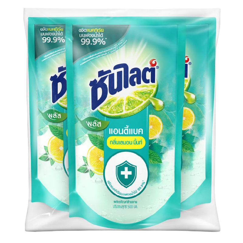 SUNLIGHT Dishwashing Liquid Plus Antibac Lemon Mint Refill 500 ml x 3