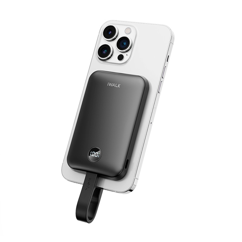 iWALK Power Hybrid แบตสํารองไร้สาย10000mAh 30W FastChargeพร้อมสายชาร์จในตัวรองรับ iPhone16,15,Samsung ดํา