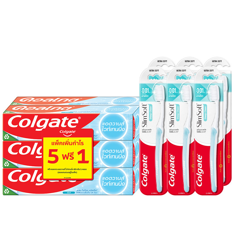 Colgate Toothpaste Advance Whitening 80g x6 + Colgate Toothbrush Slim Soft Deep Clean XS Pack1 x6