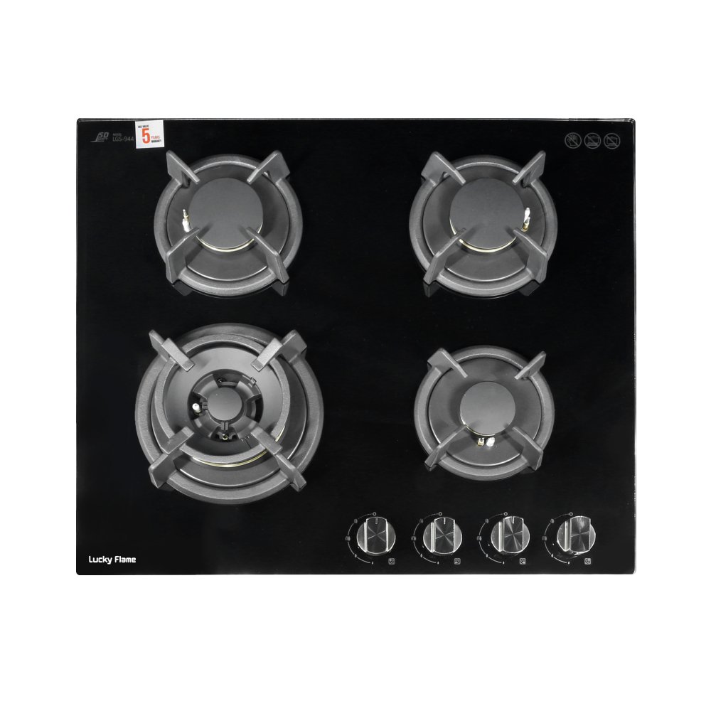 ลัคกี้เฟลม เตาเเก๊สเเบบฝัง 4 หัว รุ่น LGS-944 หัวเตาทองเหลือง หน้ากระจกนิรภัย