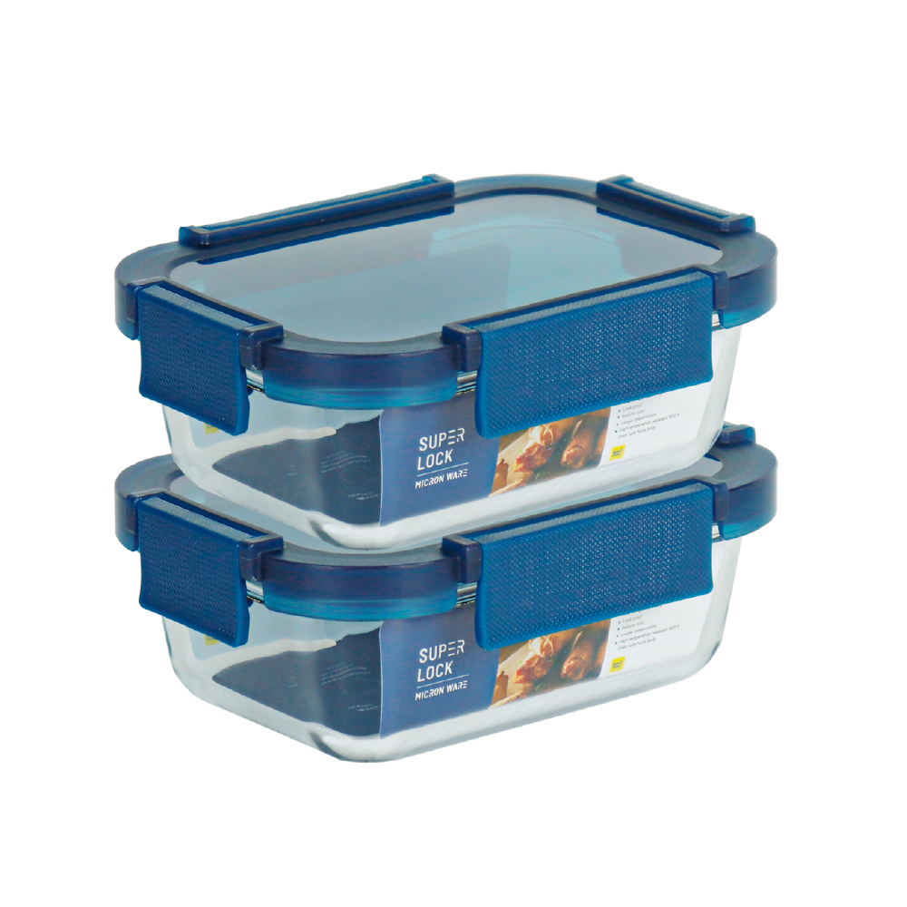 Super Lock Blue Series Rectangular Glass Food Container 370ml 6219 Pack 2