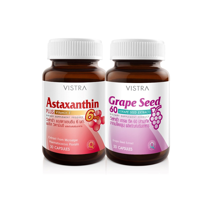 VISTRA Dietary Supplement Astaxanthin 6 mg Plus Vitamin E 30 Tablets + VISTRA Grape Seed60 48 g 30 Tablets x 2