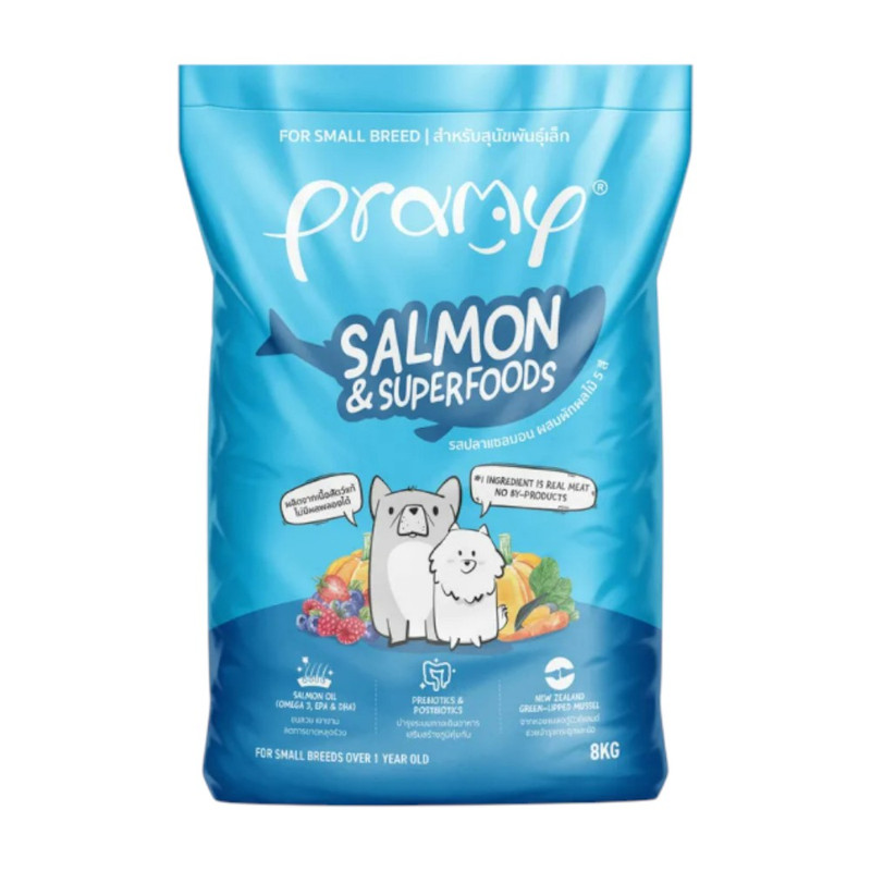[กระสอบ] Pramy อาหารเม็ดสุนัขพรามี่ สูตรสุนัขโตพันธุ์เล็ก รสแซลมอน / SD05-ฟ้า 8 kg