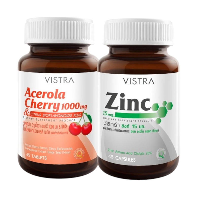 VISTRA Dietary Supplement Set Skin Booster Zinc 15mg 45 Capsules + Acerola Cherry 1000 mg & Citrus Bioflavavonoids Plus 45 Tablets x 2