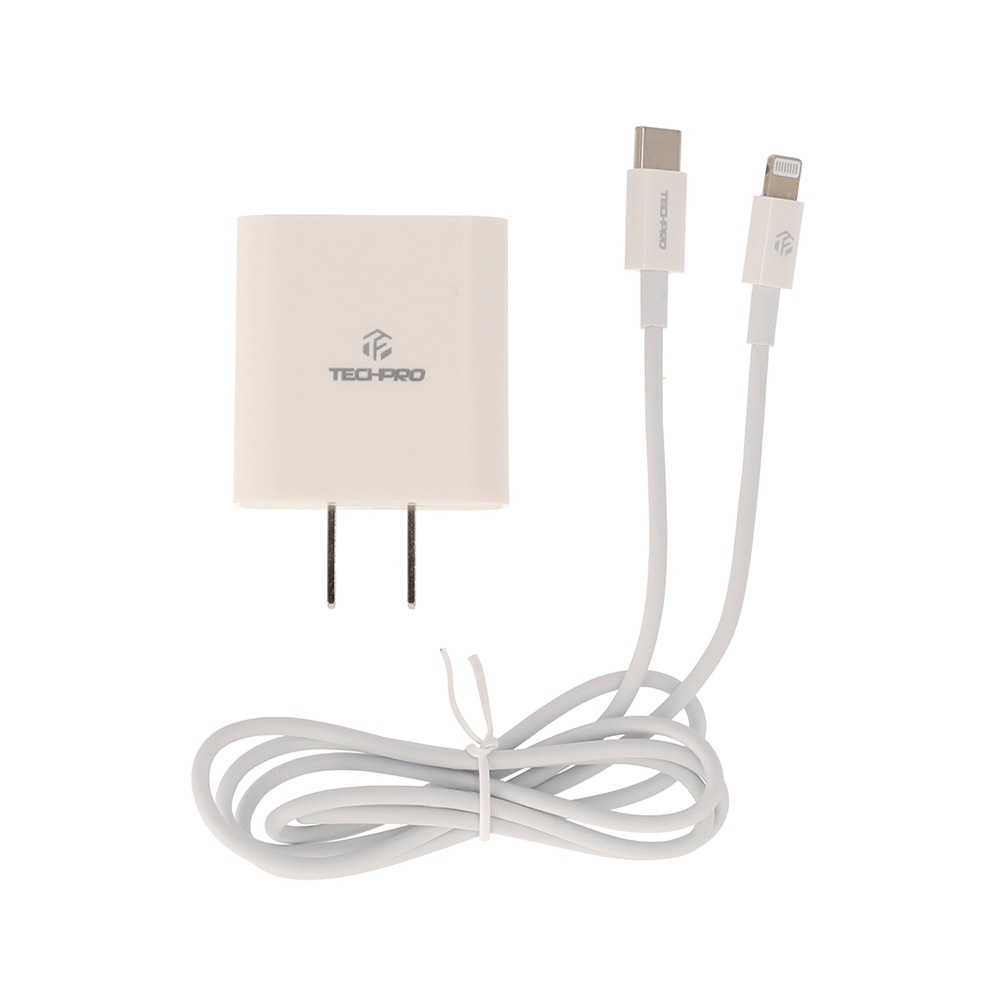 TECHPRO Wall USB Charger 1 USB-A / 1 USB-C + USB-C to Lightning Cable 1M. TP-WC01