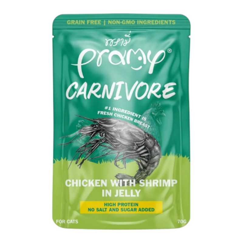 Pramy Carnivore พรามี่ คาร์นิวอร์ อาหารแมว โปรตีนสูงเนื้อสัตว์เน้นๆ มีให้เลือก 10 สูตรทั้ง Gravy และ Jelly ขนาด 70g CV7-ไก่&กุ้งเจลลี่