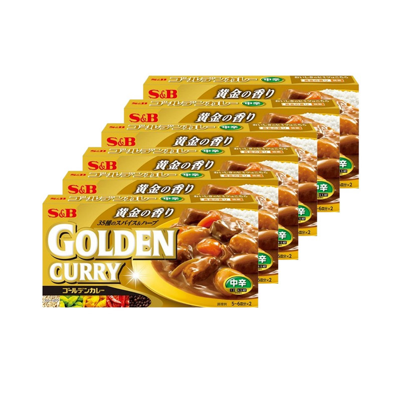 S & B Golden Curry Sauce Mix with Curry Powder with Curry Powder, Roasted Spices and Herbal Oil - Medium Hot (Made in Japan) 198g x 6 boxes