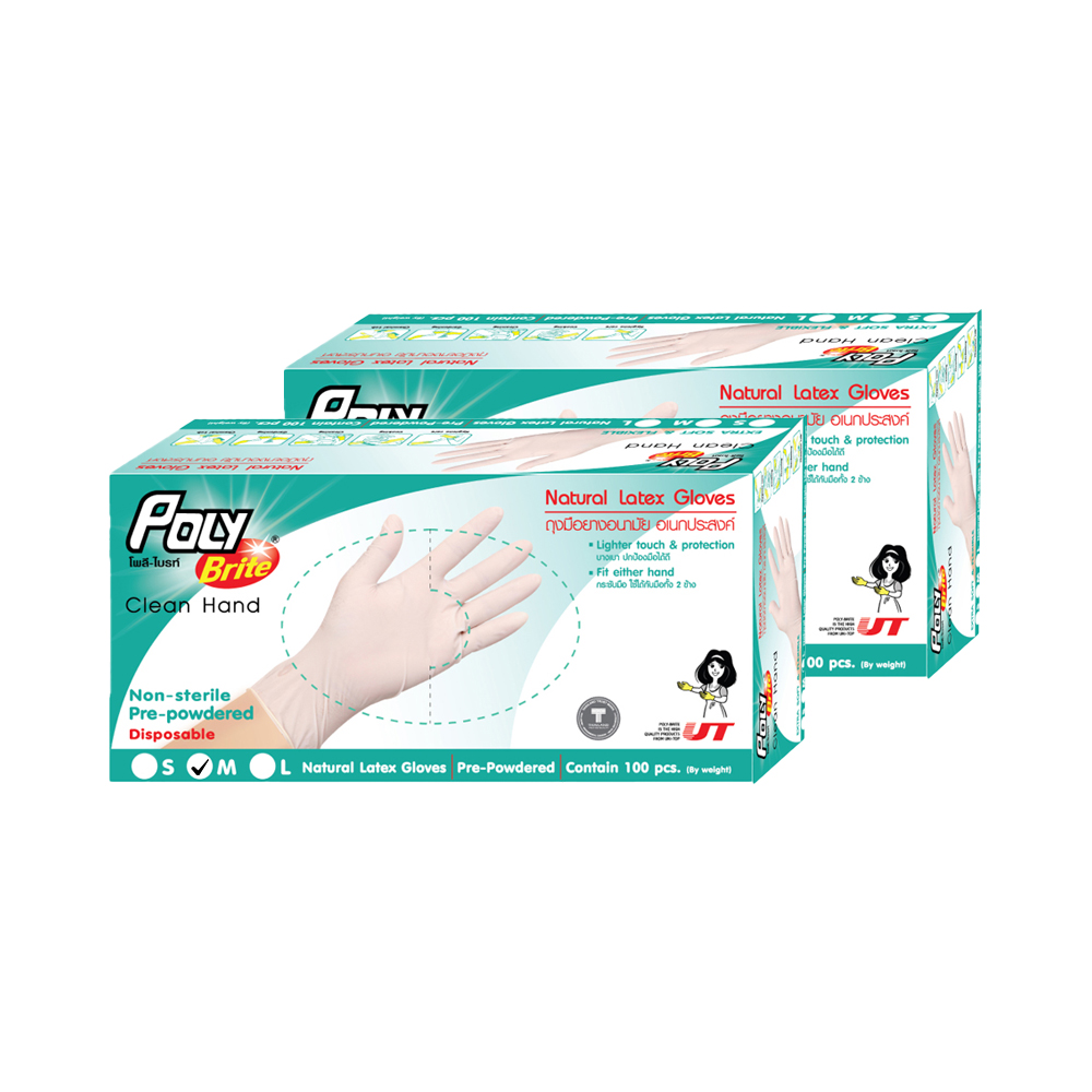 Poly-Brite โพลี-ไบรท์ ถุงมือยางอนามัย รุ่น ExtraThin Size M (100 ชิ้น/กล่อง) แพค 2 กล่อง