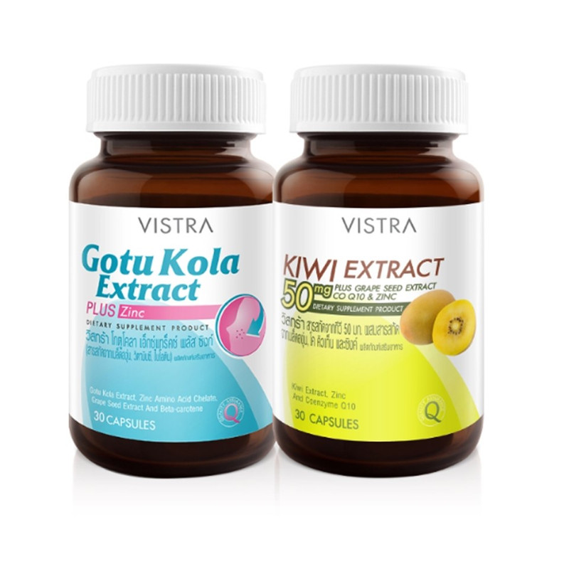 VISTRA Dietary Supplement Gotu Kola Extract Plus Zinc 30 Capsules + Kiwi Extract 50 mg Grape Seed Extract Plus CO Q10 & Zinc 30 Capsules x 2
