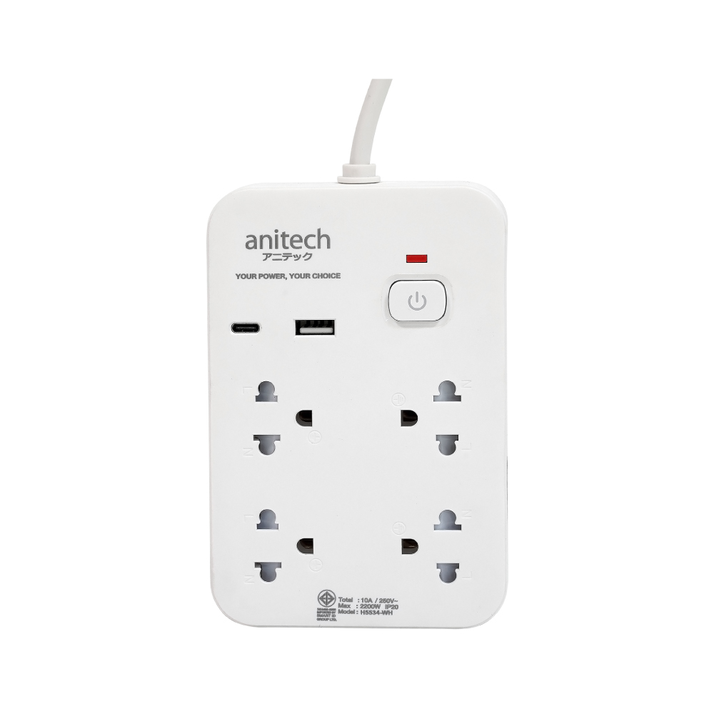 Anitech 4 ช่อง 1 สวิตช์ รุ่น H5534-WH สายยาว 3 เมตร กําลังไฟ 2200W