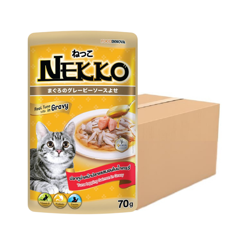 Nekko Gravy ปลาทูน่าหน้าปลาแซลมอนในน้ําเกรวี่ 70g x 48 ซอง