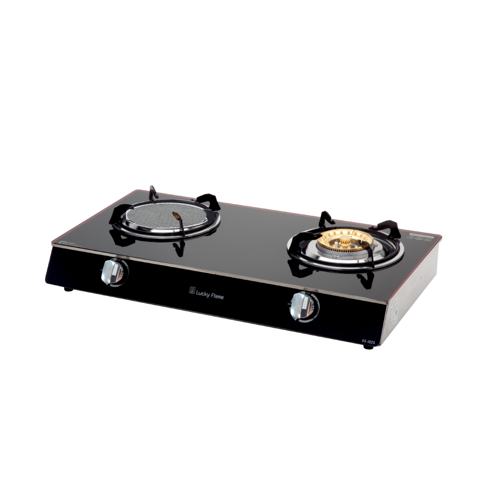 Lucky Flame เตาเเก๊สตั้งโต๊ะ 2 หัว รุ่น AG-2102S (B) หัวเตา2แบบ หน้าเตากระจกนิรภัย สีดํา