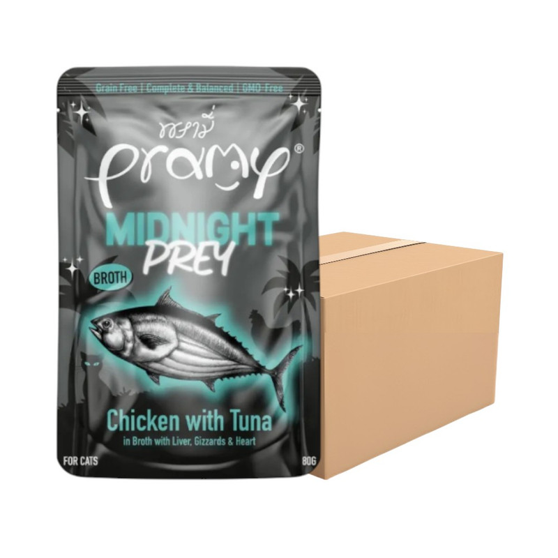 [48 ซอง] Pramy Midnight Prey อาหารแมว สูตร Complete & Balanced โปรตีนสูง เนื้อสัตว์เน้นๆ ช่วยบํารุงสุขภาพ มี 6 สูตร 80g. MN2-ซุปไก่&ปลาทูน่า