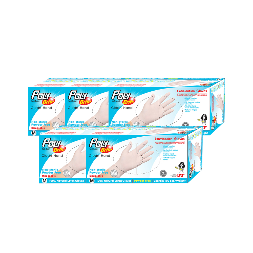 POLY BRITE ถุงมือยางธรรมชาติ รุ่นไม่มีแป้ง (ไซส์ M) บรรจุ 100 ชิ้น/กล่อง x 5 กล่อง