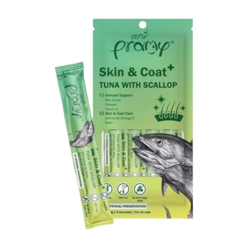Pramy พรามี่ สมูทตี้ แมวเลีย ผลิตจากเนื้อปลาทูน่าและเนื้อไก่แท้ ขนาด 14g บรรจุแพค 4 แท่ง SM2-ทูน่า&หอยเชลล์