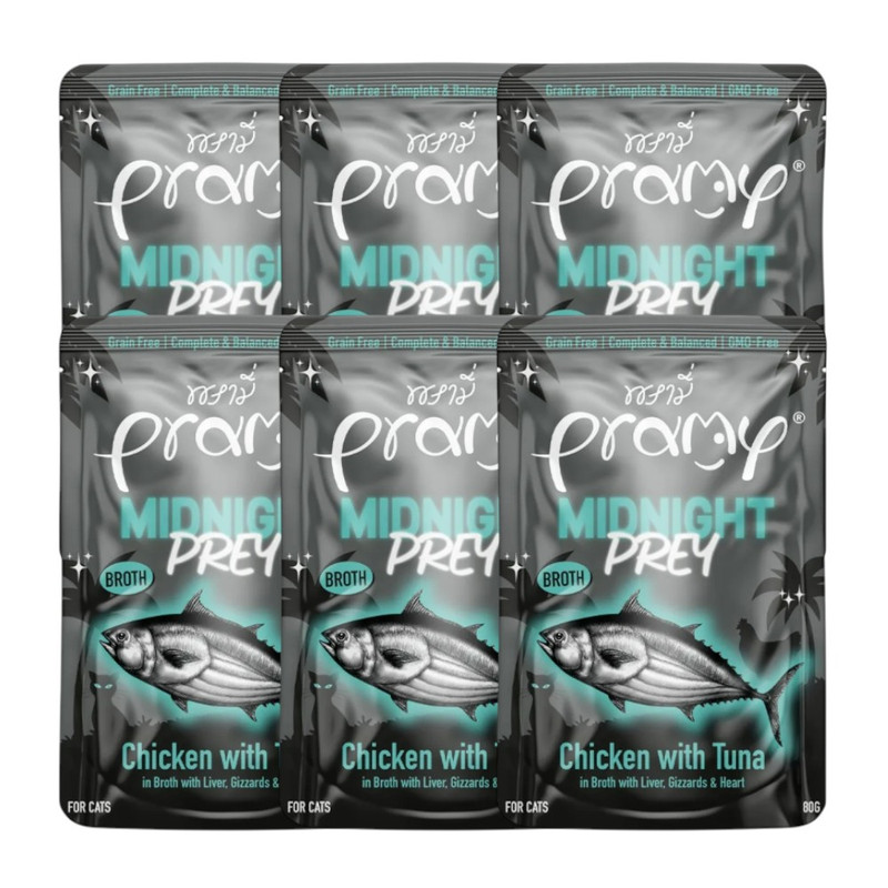 [6 ซอง] Pramy Midnight Prey อาหารแมว สูตร Complete & Balanced โปรตีนสูง เนื้อสัตว์เน้นๆ ช่วยบํารุงสุขภาพ มี 6 สูตร 80g. MN2-ซุปไก่&ปลาทูน่า,6 ซอง