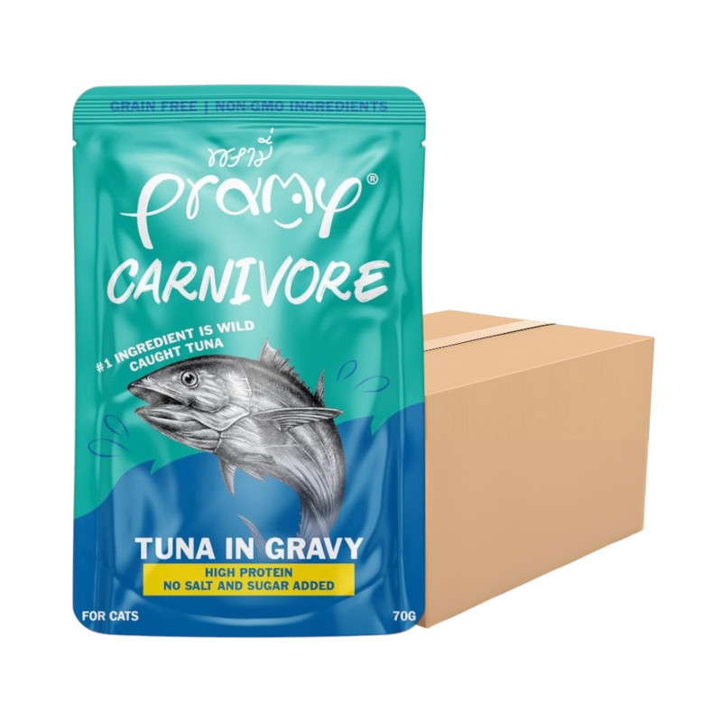 [48 ซอง] Pramy Carnivore พรามี่ คาร์นิวอร์ อาหารแมวโปรตีนสูงเนื้อสัตว์เน้นๆ มีให้เลือก 10 สูตร Gravy และ Jelly ขนาด 70g CV2-ทูน่าในเกรวี่