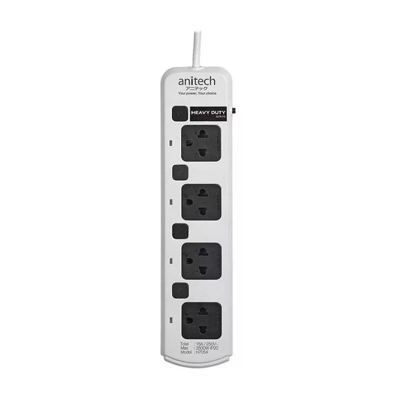 Anitech ปลั๊กไฟ 4 ช่อง 4 สวิตต์ รุ่น H7054-WH สายยาว 5 เมตร รับประกันสูงสุด 2 ปี