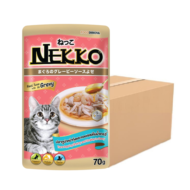 Nekko Gravy ปลาทูน่าหน้ากุ้งและหอยเชลล์ในน้ําเกรวี่ 70g x 12 ซอง