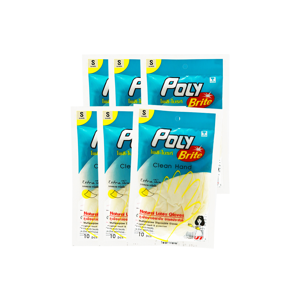 POLY BRITE ถุงมือยางอนามัย รุ่น Extra Thin ไซส์ S บรรจุ 10 ชิ้น/ซอง x 6 ซอง
