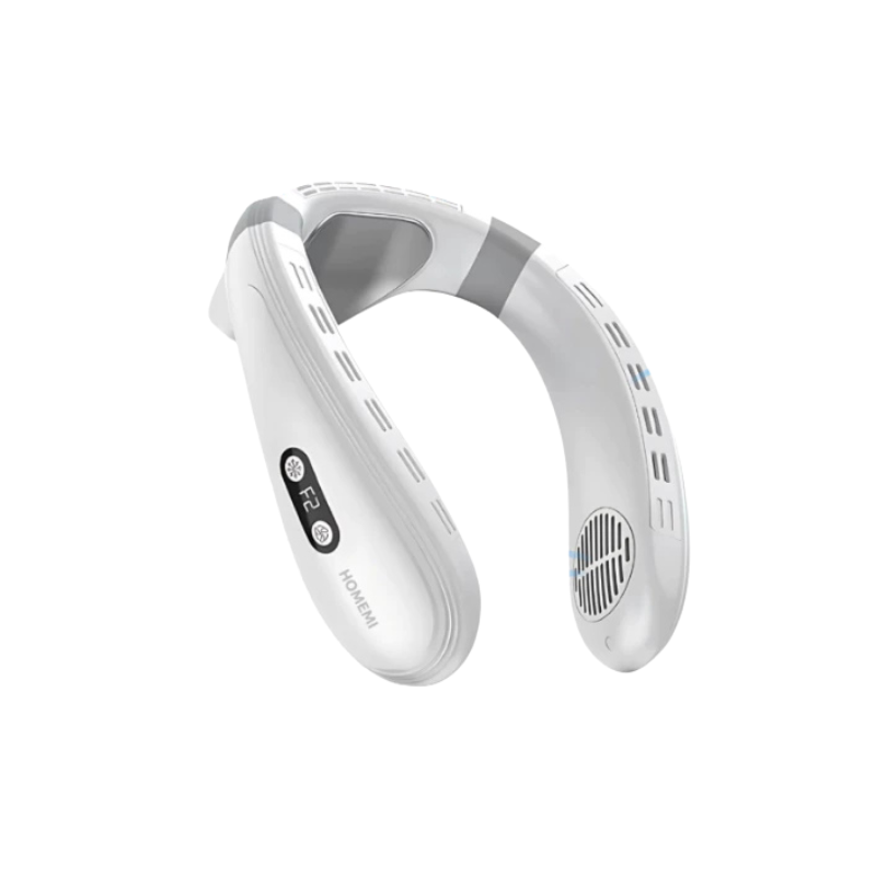 Homemi พัดลมห้อยคอ Portable Neck Fan มีแผ่นทําความเย็นด้านหลัง พัดลม 3 ใบ แบตเตอรี่ 5,200 mAh ขาว (095-P-WH)