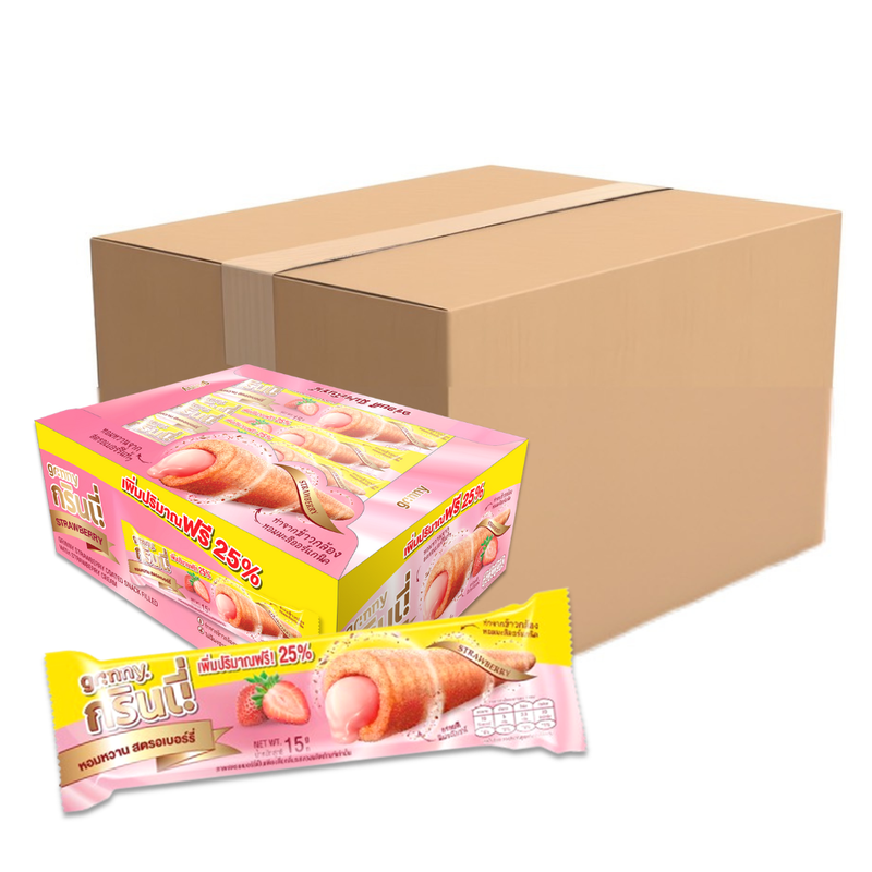 GRINNY STRAWBERRY COATED SNACK FILLED WITH STRAWBERRY CREAM 15G. (BOX 12PCS) X12