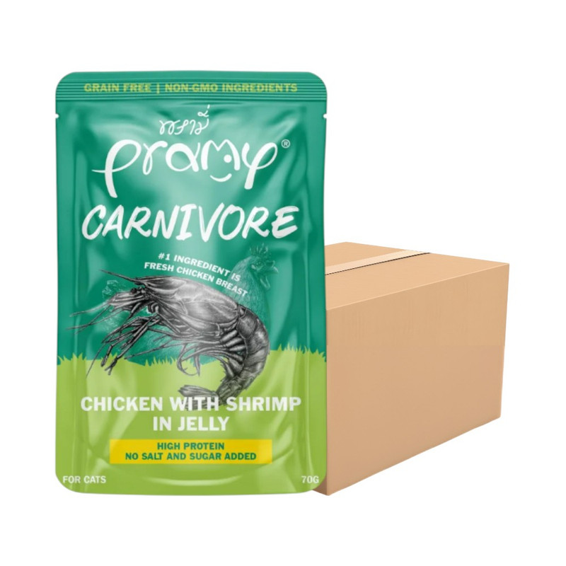 [12 ซอง] Pramy Carnivore พรามี่ คาร์นิวอร์ อาหารแมวโปรตีนสูงเนื้อสัตว์เน้นๆ มีให้เลือก 10 สูตร Gravy และ Jelly ขนาด 70g CV7-ไก่&กุ้งเจลลี่