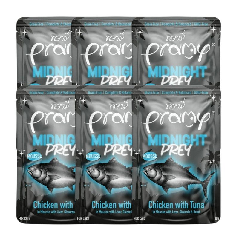 [6 ซอง] Pramy Midnight Prey อาหารแมว สูตร Complete & Balanced โปรตีนสูง เนื้อสัตว์เน้นๆ ช่วยบํารุงสุขภาพ มี 6 สูตร 80g. MN6-มูสไก่&ปลาทูน่า,6 ซอง