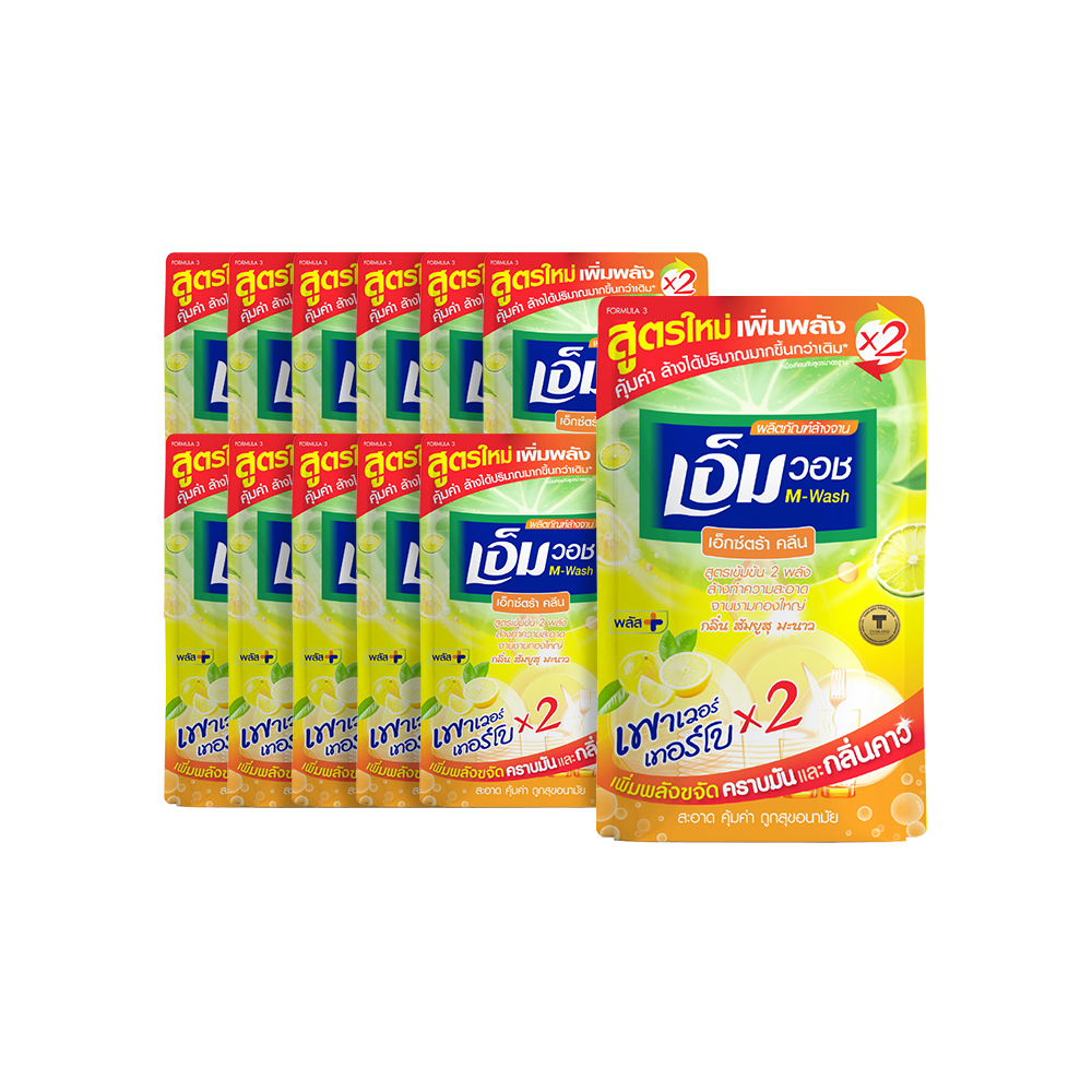 M-WASH Dishwashing Liquid, New Extra Clean Formula (Yuzu Orange & Lime Scent), 440ml ( 12 Packs )