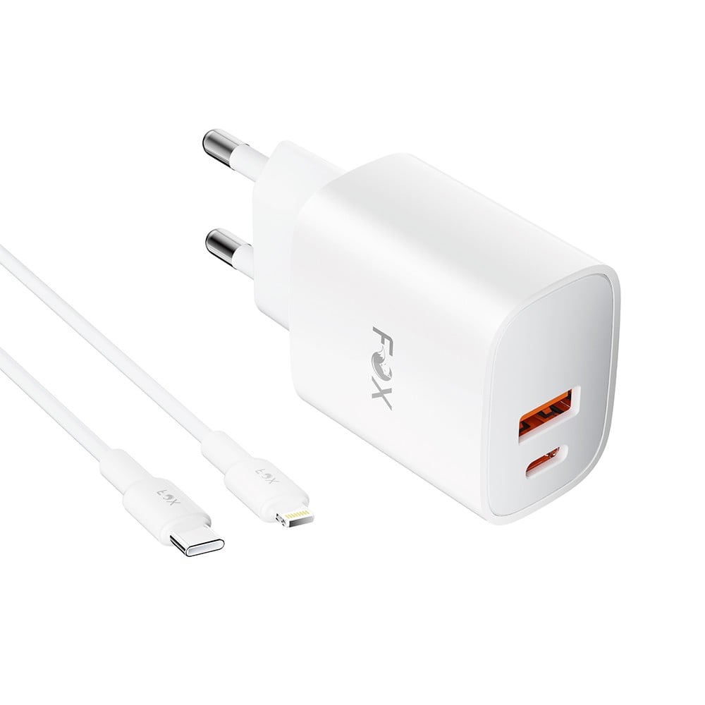 FOX Adapter Wall USB Charger 1xUSB-A (QC3.0A)/1xUSB-C (PD20W) + Charging Cable USB-C to Lightning  1 m Model AP28 White