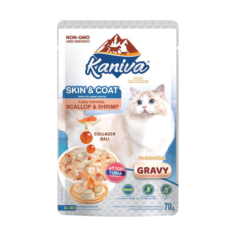 Kaniva Cat Food Skin & Coat Tuna Topping Scallop & ShrimpIn Gravy 70 g. x 12
