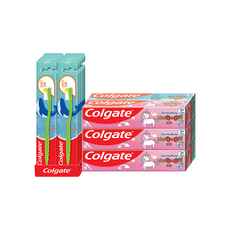 Colgate Toothbrush Deluxe Child 5-9  x12 + Colgate Kids Dino/ Unicorn Strawberry Gel Toothpaste 40g x6