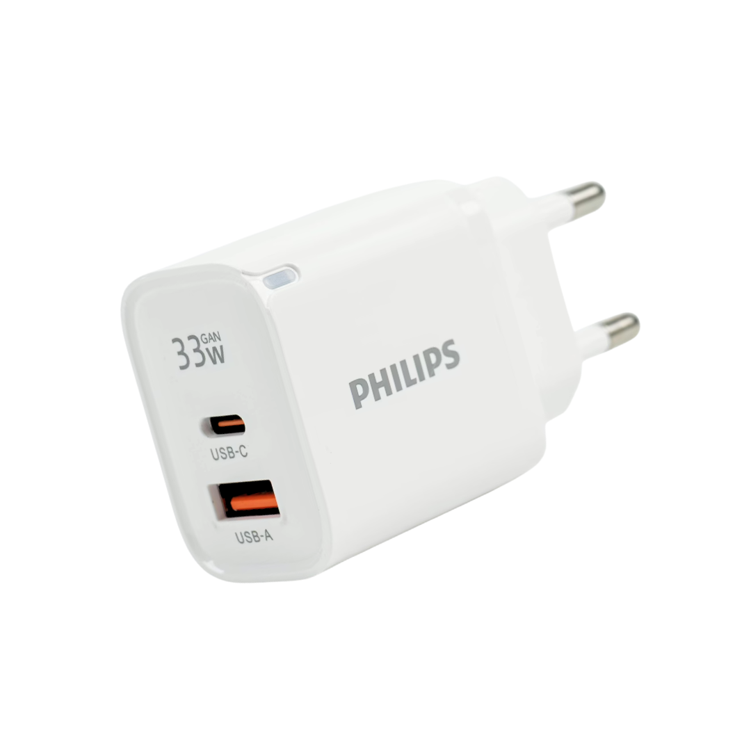 Philips หัวชาร์จเร็ว PD 33W อะแดปเตอร์ 2 พอร์ต GaN USB-C, A รุ่น DLP4533CB